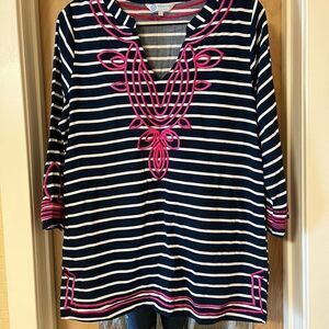 Escapada Living Navy Stripe Pink Embroidered Tunic Top sz L